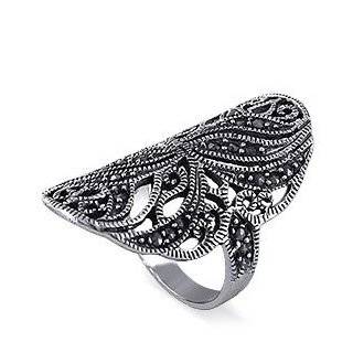   Silver Large Wide Floral Marcasite Ring Size 6(Sizes 6,7,8,9): Jewelry