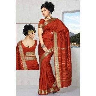 Rust Art Silk Saree Sari fabric India Golden Border