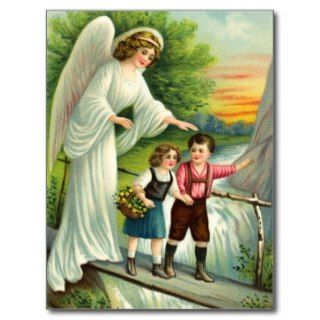 Guardian angel, children and bridge postcard