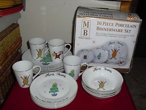 16 Pcs Merry Brite Christmas Dinnerware Dishes Santa Tree Reindeer Gift Box