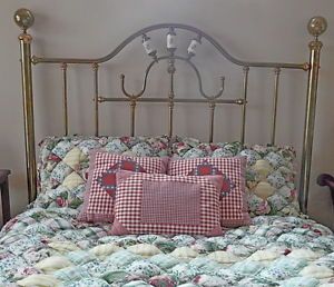 Very Tall Elaborate Queen Real Brass Headboard with Painted Porcelain Inserts