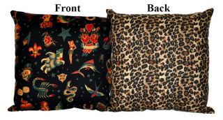 Black Vintage Tattoo Leopard Print Throw Pillow Set Rockabilly Psychobilly