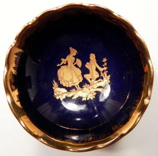 Limoges Miniature Set Vase Bud Dish Plate Cobalt Blue 22K Gold Romantic Scene