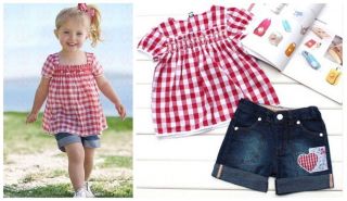 2pcs Sweetly Girl Baby Kid Grid Doll Shirt Denim Pants Clothes Costume 3 4Y