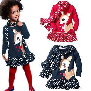 Baby Toddler Clothes Girls Kids Polka Dot Cartoon Deer Dresses Scarf 2pcs Set