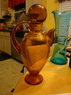 Vtg Blenko Amber Teapot Blown Glass Pitcher Decanter Bottle 10 1 4" Tall