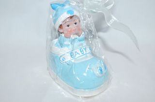 Boys Birthday Candle Baby Shower Cake Topper Baby in Shoe Blue Party Supply