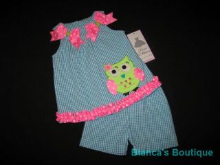 New "Blue Owl" Gingham Shorts Girls Clothes 2T Spring Summer Boutique Toddler