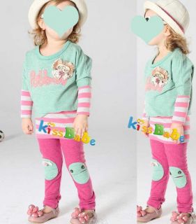 A1248 2pcs Girl Kids Baby Outfit Stripe Skirt Dress Leggings Clothes Sets S0 5Y