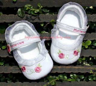 Baby Girl White Lace Trim Mary Jane Floral Embroidered Shoes Newborn to 12 Mons