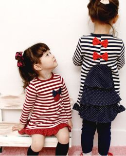 Korean Cute Bow Knot Stripe Polka Dot Dress Princess Baby Girl Kids Child 1 7yrs