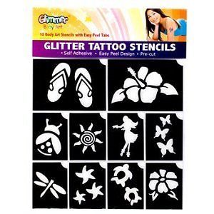 Glimmer Body Art Glitter Tattoo Tattoos 10 Stencils Hibiscus Luau Shimmer TV