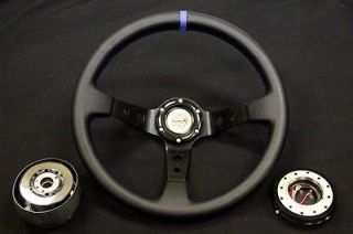 Honda Civic EK Em 350mm Deep Racing Leather Steering Wheel Quick Release Hub Blu