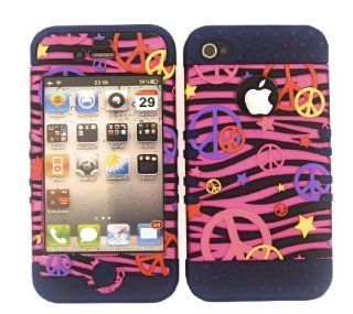 3 IN 1 HYBRID SILICONE COVER FOR APPLE IPHONE 4 4S HARD CASE SOFT DARK BLUE RUBBER SKIN ZEBRA PEACE DB TE322 S KOOL KASE ROCKER CELL PHONE ACCESSORY EXCLUSIVE BY MANDMWIRELESS: Cell Phones & Accessories