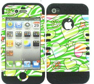 3 IN 1 HYBRID SILICONE COVER FOR APPLE IPHONE 4 4S HARD CASE SOFT BLACK RUBBER SKIN ZEBRA PEACE BK TE427 KOOL KASE ROCKER CELL PHONE ACCESSORY EXCLUSIVE BY MANDMWIRELESS: Cell Phones & Accessories